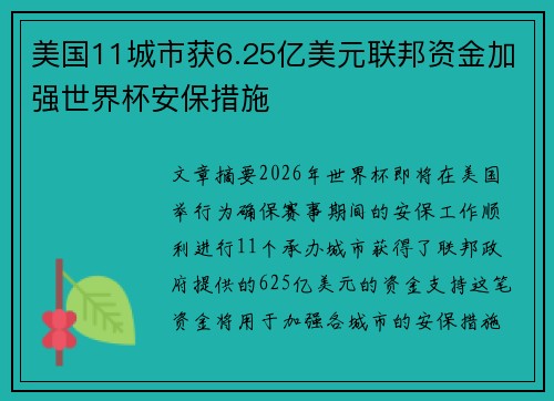 美国11城市获6.25亿美元联邦资金加强世界杯安保措施