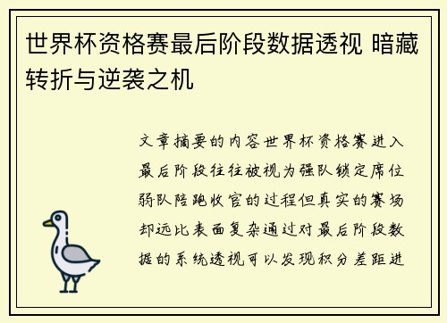 世界杯资格赛最后阶段数据透视 暗藏转折与逆袭之机