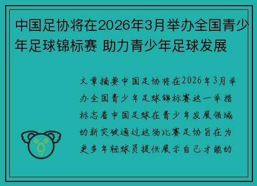 中国足协将在2026年3月举办全国青少年足球锦标赛 助力青少年足球发展
